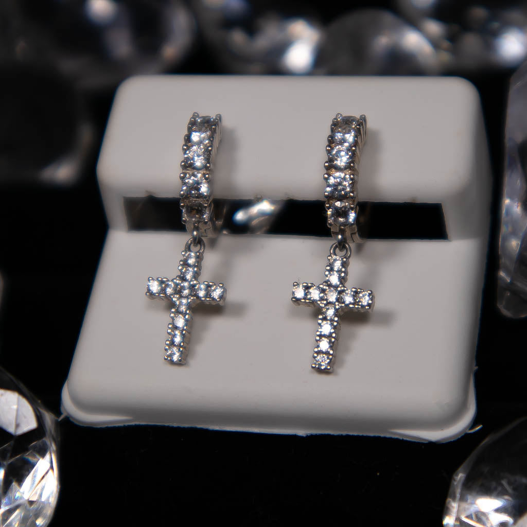 Big Diamond Cross Earrings White Gold