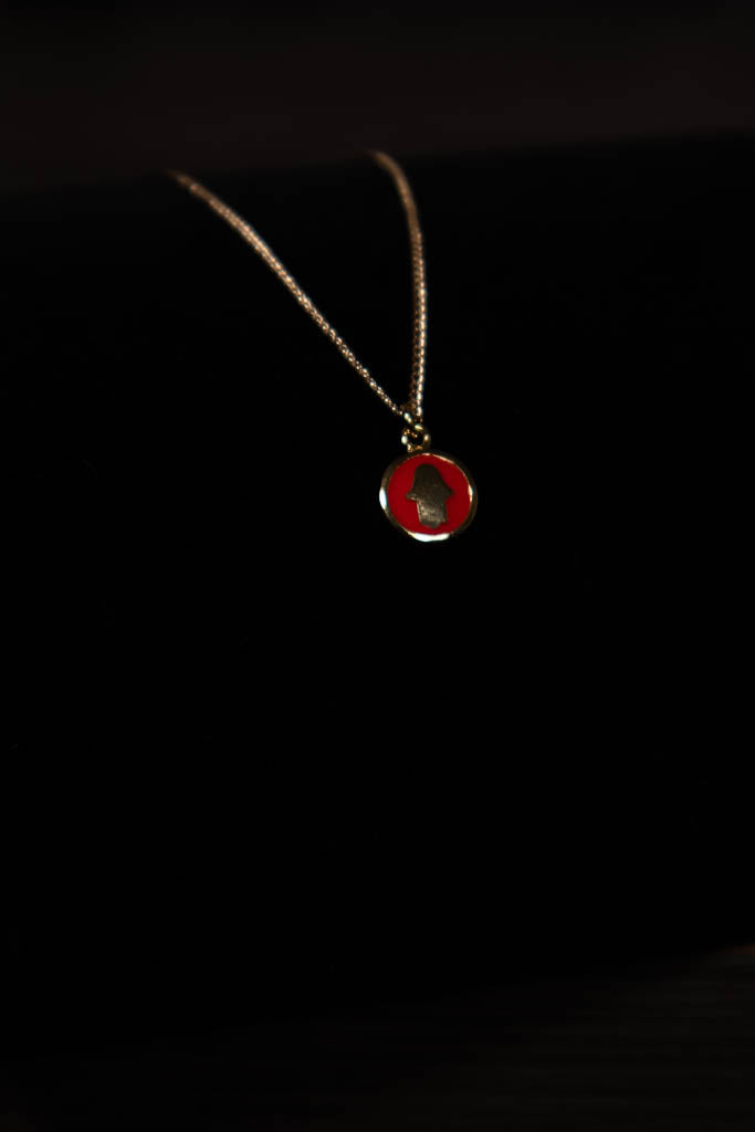 Small Hamsa Red Enamel & Gold Pendant