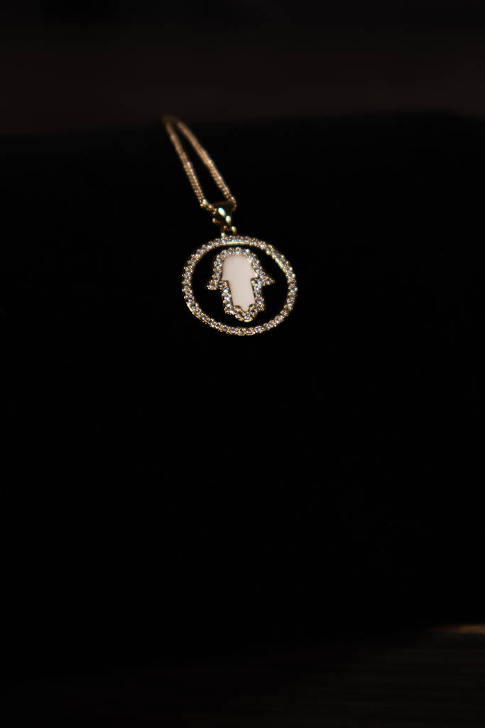 Black & White Hamsa Iced Gold Pendant