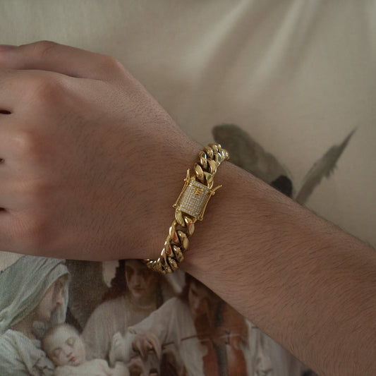 Miami Cuban Link 12mm Bracelet Diamond Lock Box Gold