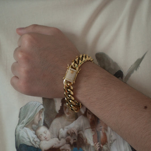 Miami Cuban Link 14mm Bracelet Diamond Lock Box Gold