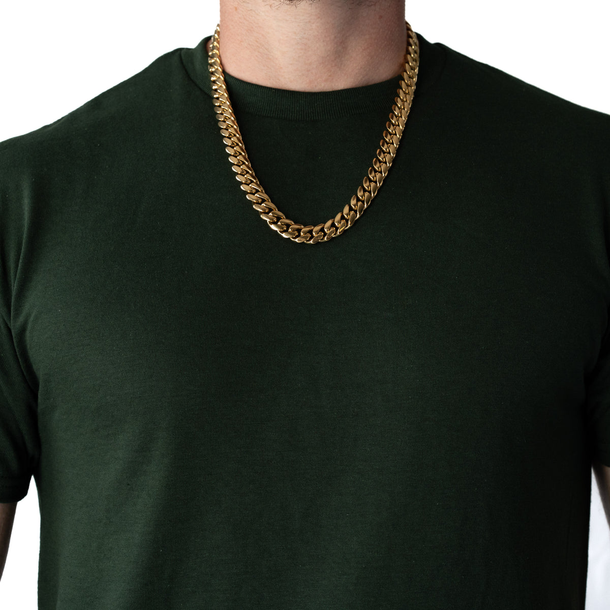 Cadena Cubana Miami 12mm Prosperidad Baño de Oro 14K · 22" · frente
