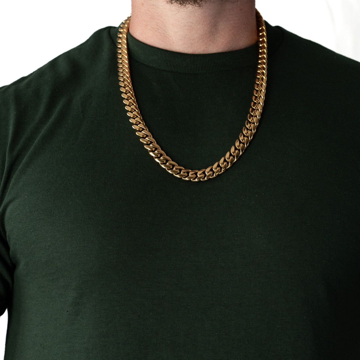 Cadena Cubana Miami 12mm Prosperidad Baño de Oro 14K · 24" · frente