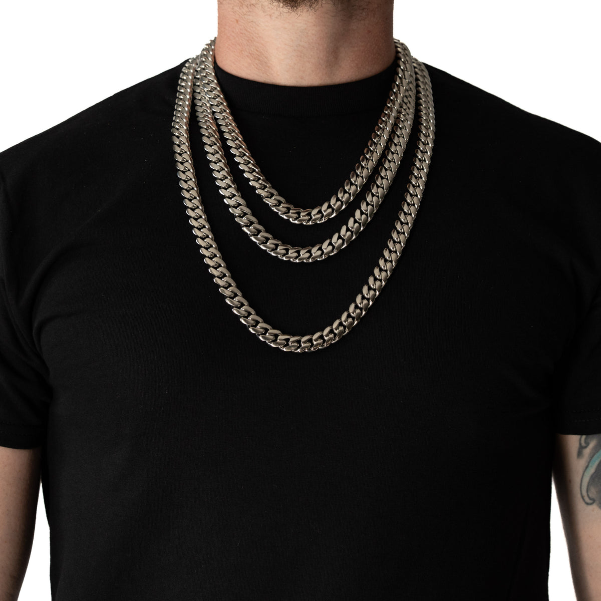 Cadena Cubana Miami 12mm Prosperidad Baño de Oro Blanco 14K · todas las medidas · frente