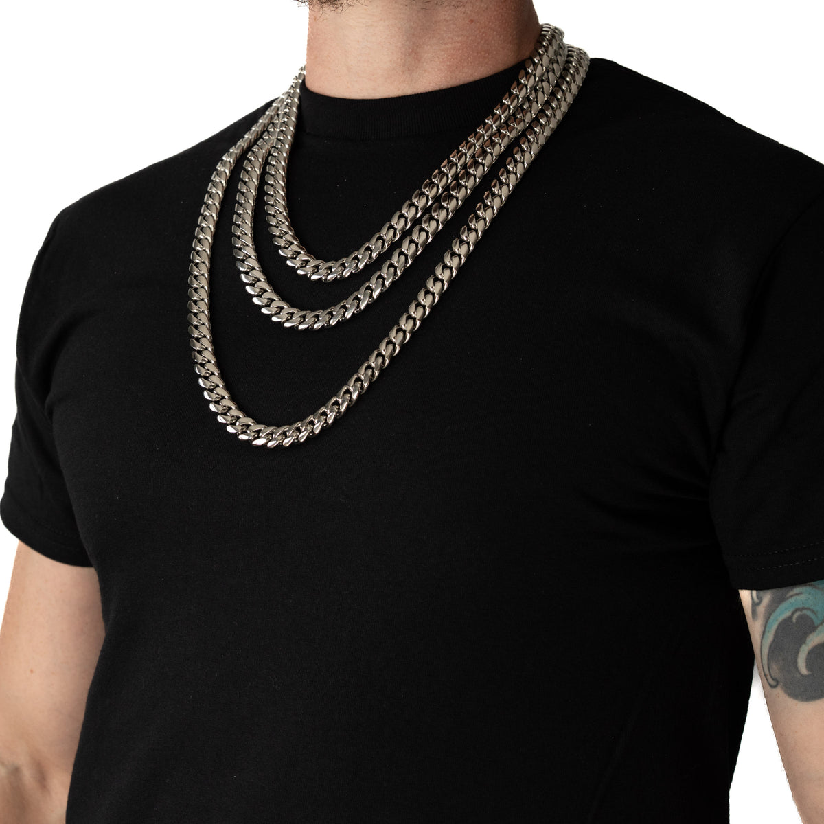 Cadena Cubana Miami 12mm Prosperidad Baño de Oro Blanco 14K · todas las medidas · lado