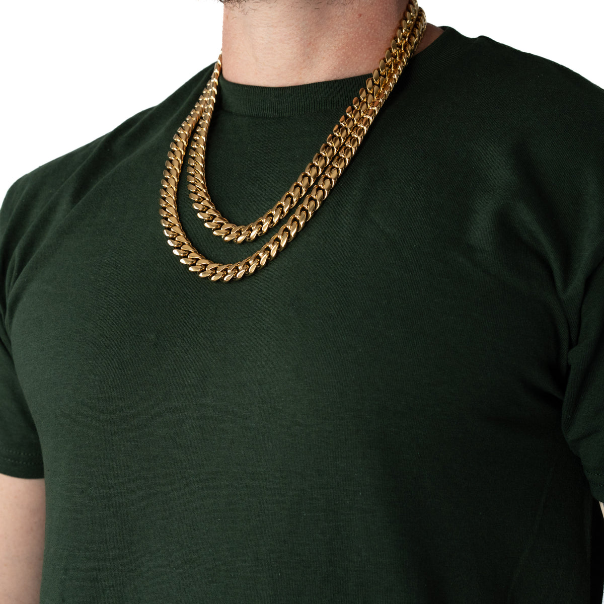 Cadena Cubana Miami 12mm Prosperidad Baño de Oro 14K · todas las medidas · lado