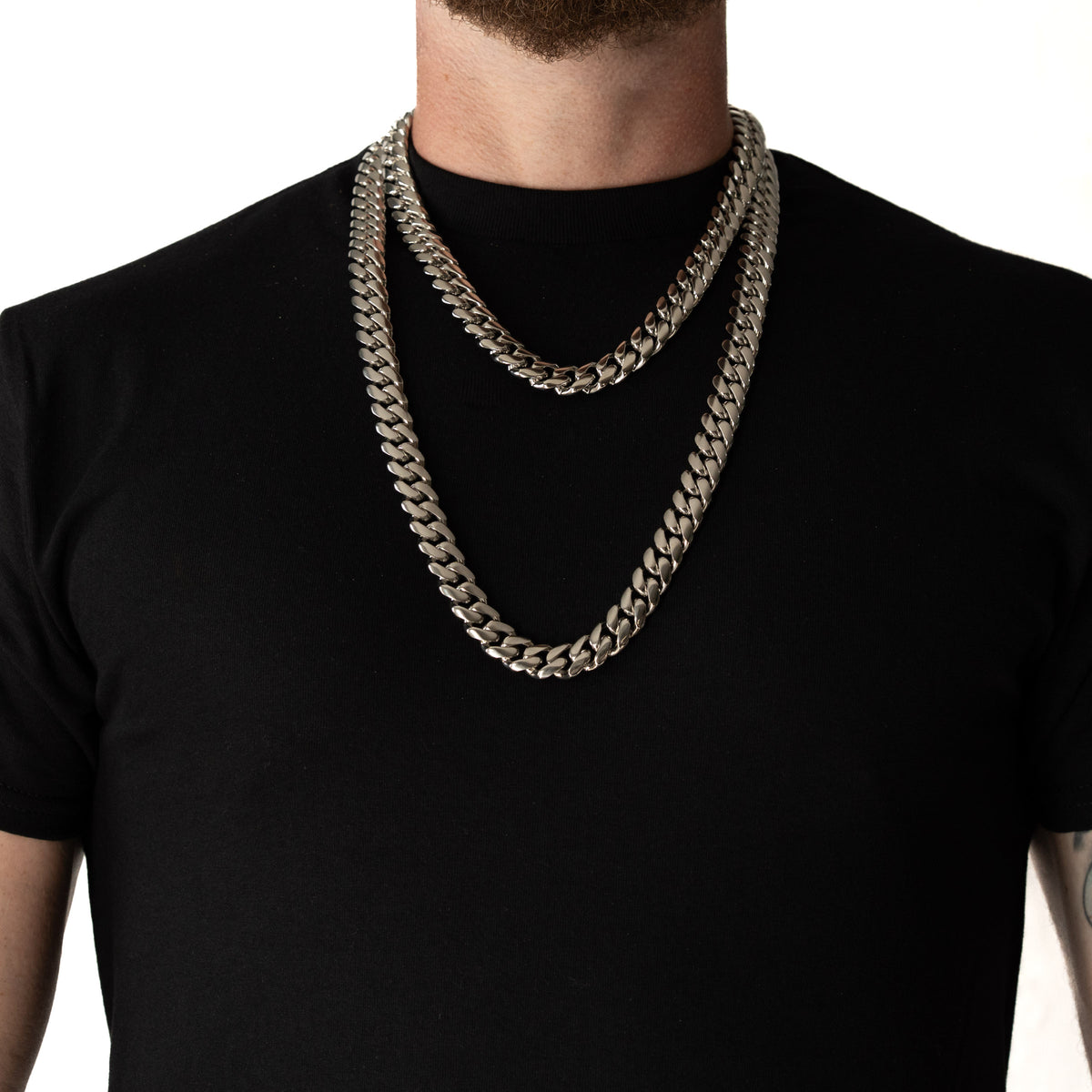 Cadena Cubana Miami 14mm Prosperidad Baño de Oro Blanco 14K · todas las medidas · frente