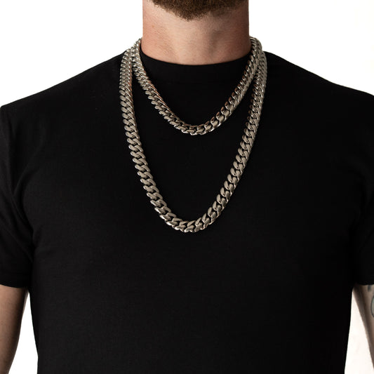 Cadena Cubana Miami 14mm Prosperidad Baño de Oro Blanco 14K · todas las medidas · frente