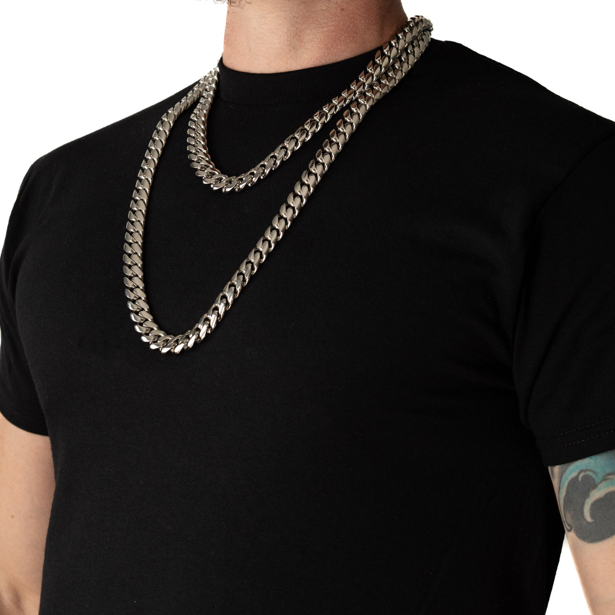 Cadena Cubana Miami 14mm Prosperidad Baño de Oro Blanco 14K · todas las medidas · lado