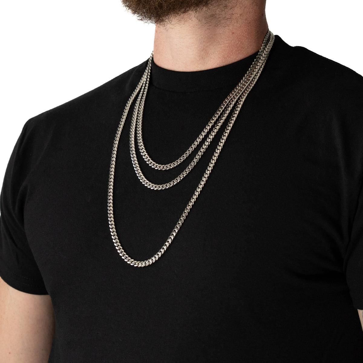 Cadena Cubana Miami 6mm Prosperidad Baño de Oro Blanco 14K · todas las medidas · lado