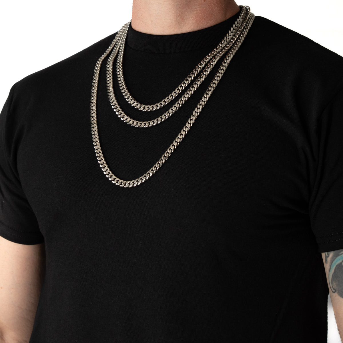 Cadena Cubana Miami 8mm Prosperidad Baño de Oro Blanco 14K · todas las medidas · lado