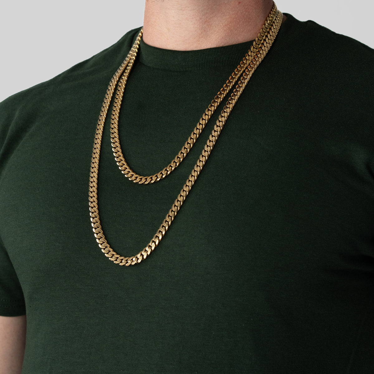 Cadena Cubana Miami 8mm Prosperidad Baño de Oro 14K · todas las medidas · lado