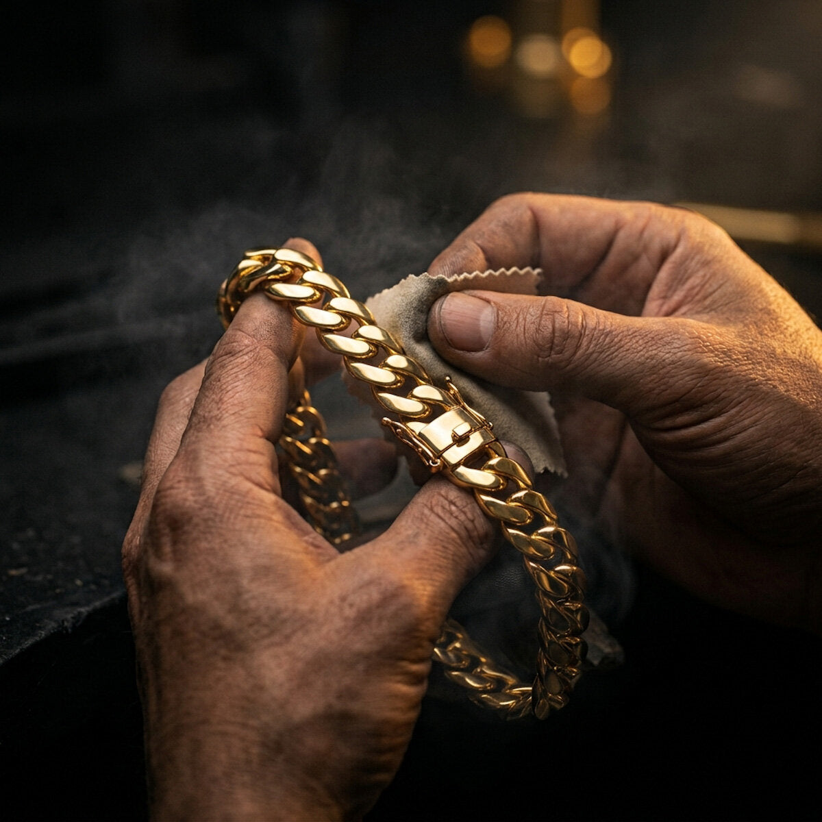 Manos puliendo una cadena cubana de Prosperidad