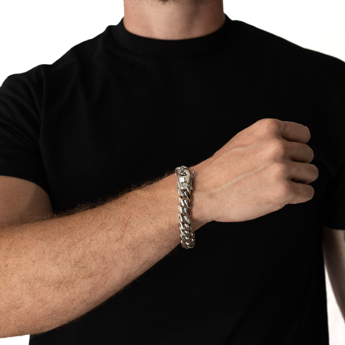 Pulsera Cubana Miami 12mm Prosperidad Baño de Oro Blanco 14K · todas las medidas · frente