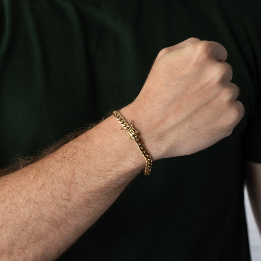 Pulsera Cubana Miami 6mm Prosperidad Baño de Oro 14K · todas las medidas · frente