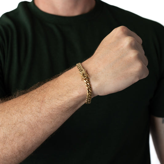 Pulsera Cubana Miami 8mm Prosperidad Baño de Oro 14K · todas las medidas · frente