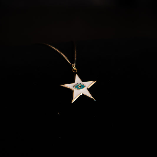 Evil Eye Star White/Blue Enamel and Gold Necklace