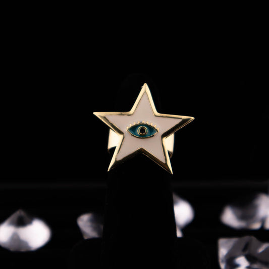 Evil Eye Star White/Blue Enamel and Gold Ring