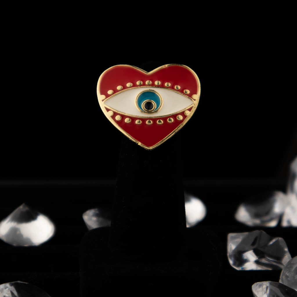 Heart & Evil Eye Red/White/ Blue Enamel and Gold Ring