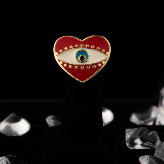 Heart & Evil Eye Red/White/ Blue Enamel and Gold Ring