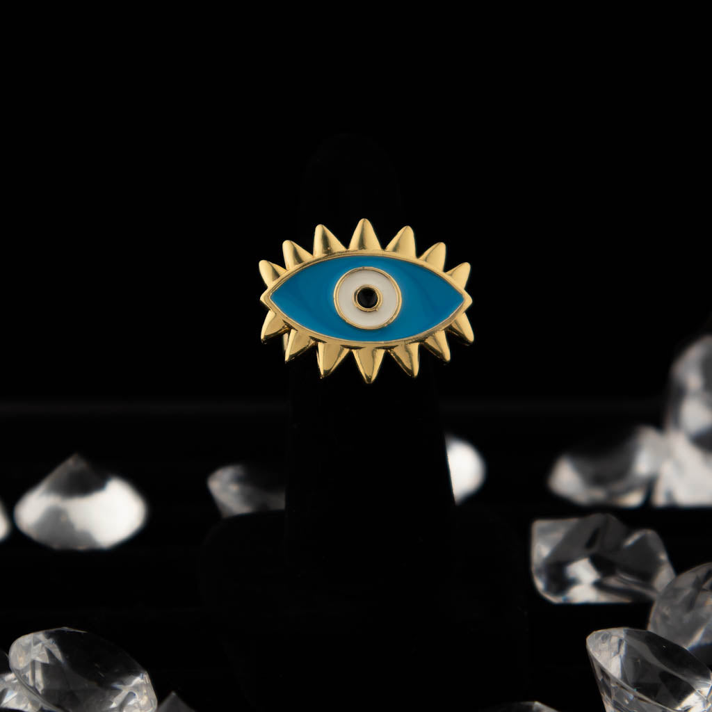 Evil Eye Blue/White Enamel and Gold Ring