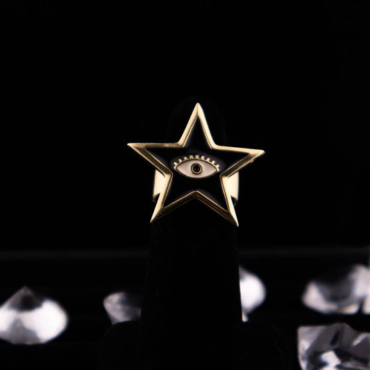 Evil Eye Star Black/White Enamel and Gold Ring