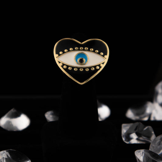 Heart & Evil Eye Black/White/ Blue Enamel and Gold Ring