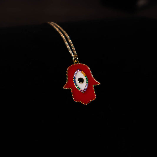 Red Hamsa with Multicolor Diamonds Gold Pendant