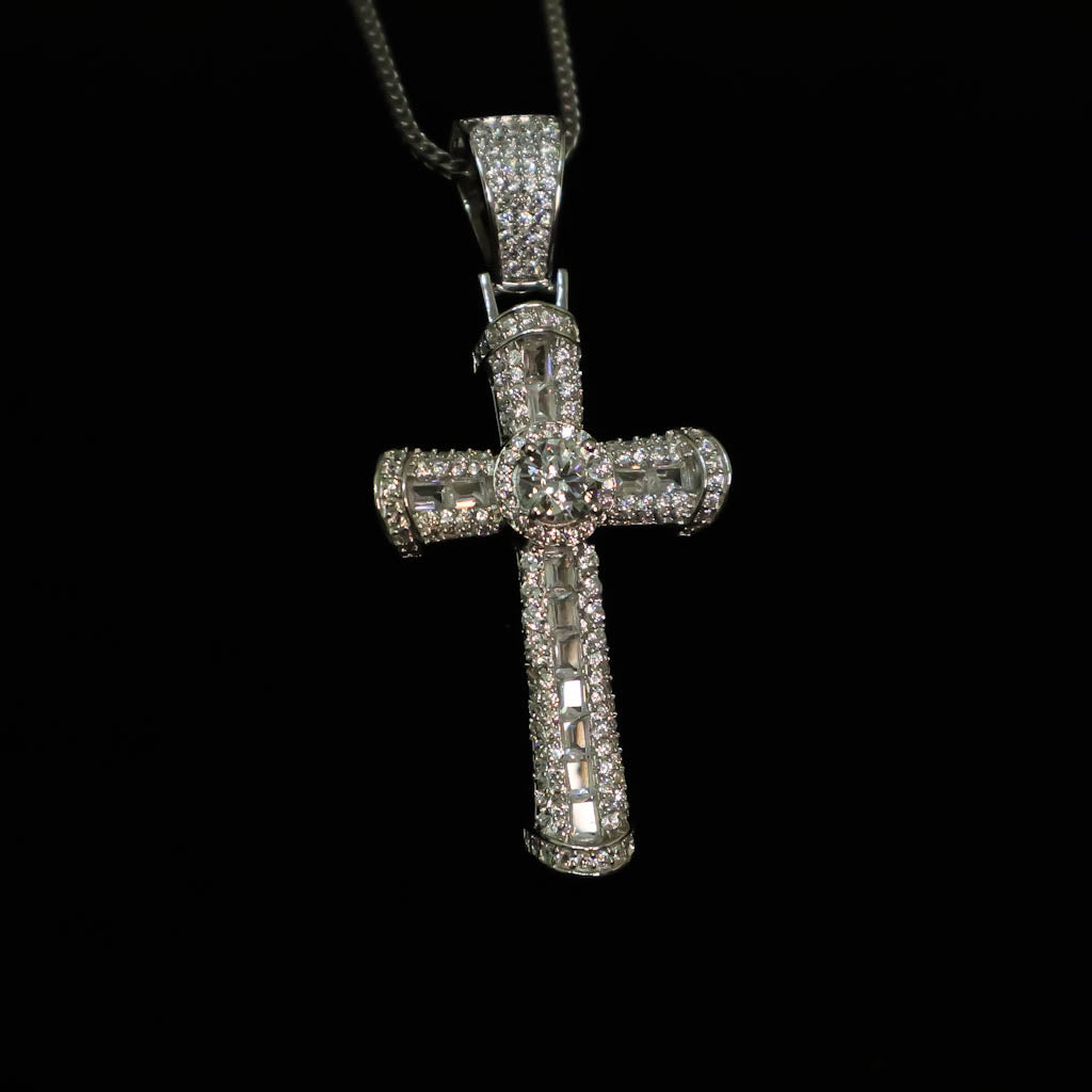 Luxury Round CZ Diamond and Baguette Cross White Gold