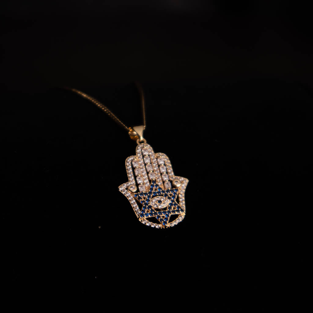 Luxury Hamsa With Diamonds Baguette and Blue Diamonds Gold Necklace