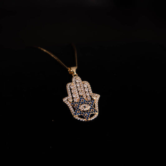 Luxury Hamsa With Diamonds Baguette and Blue Diamonds Gold Necklace