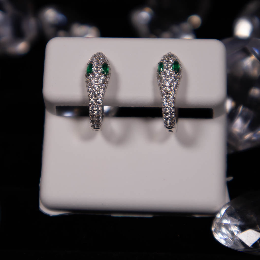 Snake & Green Eyes Earrings White Gold