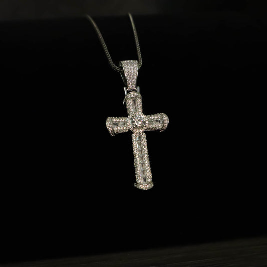 Luxury Round CZ Diamond and Baguette Cross White Gold